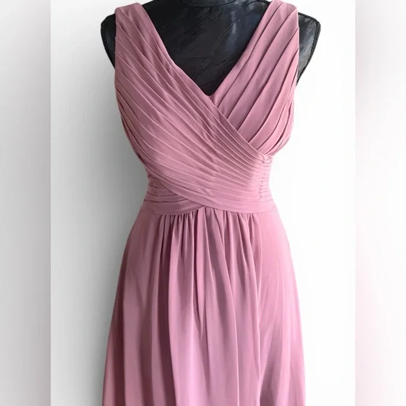 Azazie Dusty Rose Chiffon Bridesmaid Dress Pleated V Neck Maxi Small - Picture 3 of 6